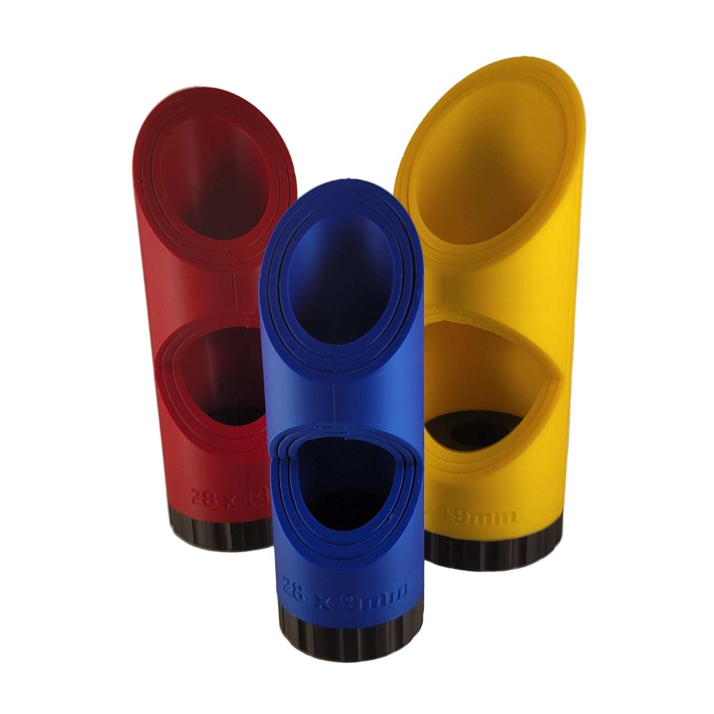 Red, Yellow, and blue Lag-master tools on a white background