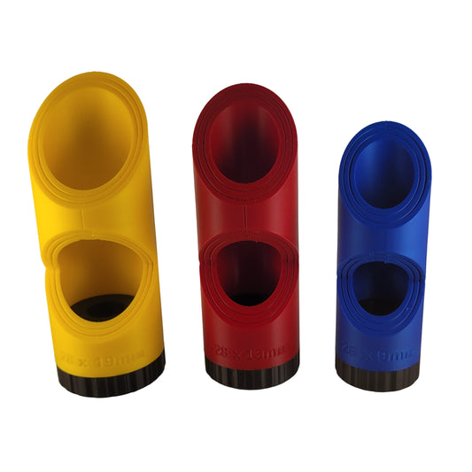 Three cylindrical objects in blue, red, and yellow with black ends on a white background