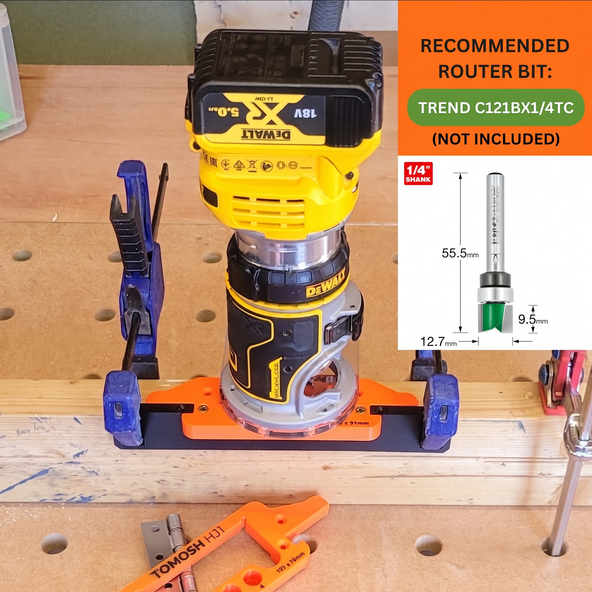 A Dewalt 18v router on the TOMOSH HJ1 Hinge jig