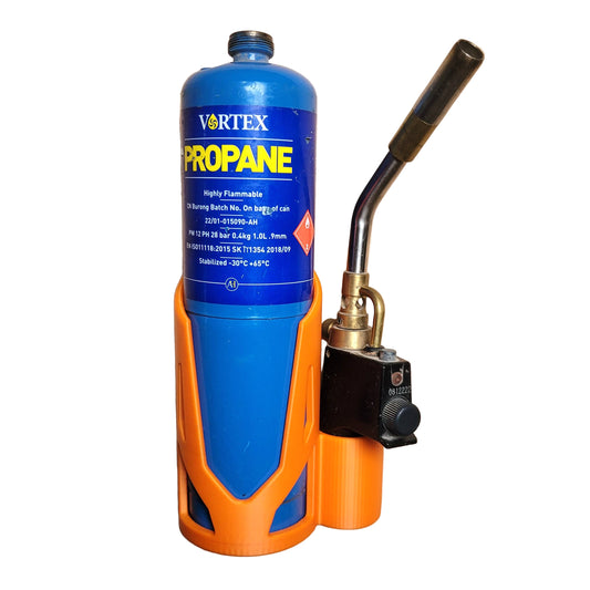 An orange propane torch holder holding a blue canister and superfire 2 gun 